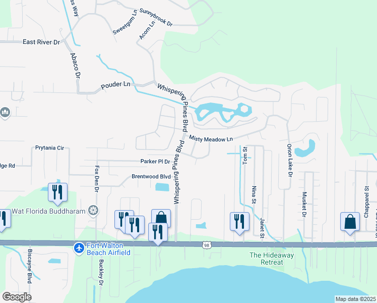 map of restaurants, bars, coffee shops, grocery stores, and more near 9630 Meadow Wood Lane in Navarre