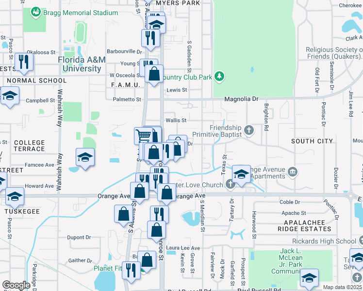 map of restaurants, bars, coffee shops, grocery stores, and more near 303 Putnam Drive in Tallahassee