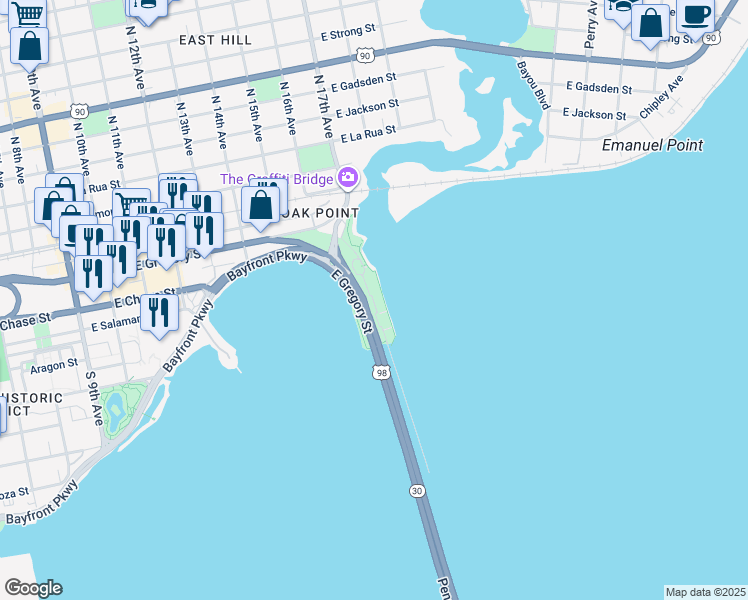 map of restaurants, bars, coffee shops, grocery stores, and more near 1750-1798 East Gregory Street in Pensacola