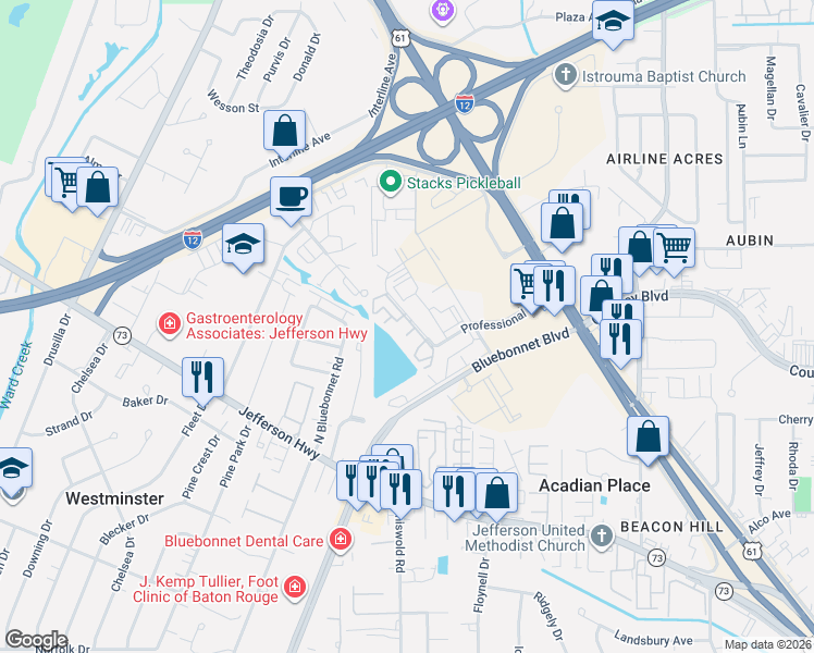 map of restaurants, bars, coffee shops, grocery stores, and more near 10298 North Winston Avenue in Baton Rouge