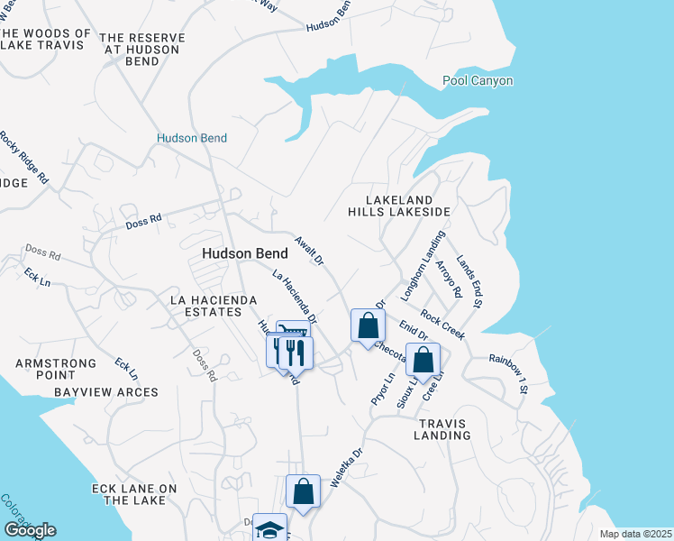 map of restaurants, bars, coffee shops, grocery stores, and more near 15804 Awalt Drive in Austin