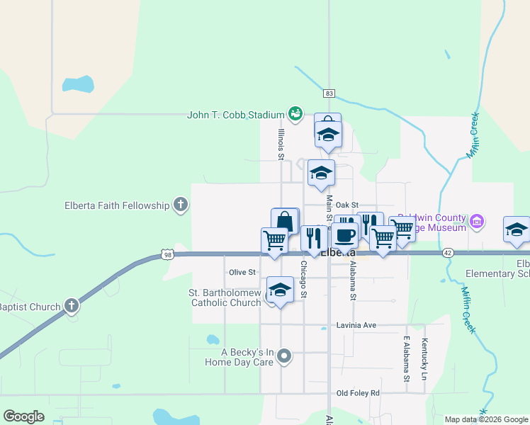 map of restaurants, bars, coffee shops, grocery stores, and more near 13163 Illinois Street in Elberta