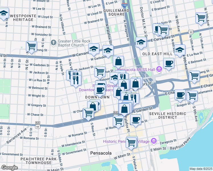 map of restaurants, bars, coffee shops, grocery stores, and more near 106 West Wright Street in Pensacola