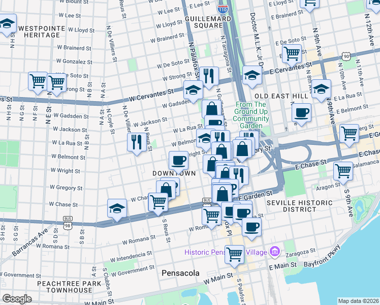 map of restaurants, bars, coffee shops, grocery stores, and more near 106 West Wright Street in Pensacola