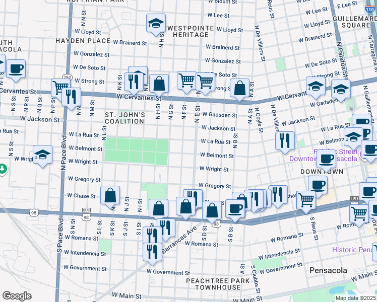 map of restaurants, bars, coffee shops, grocery stores, and more near 1108 West Belmont Street in Pensacola