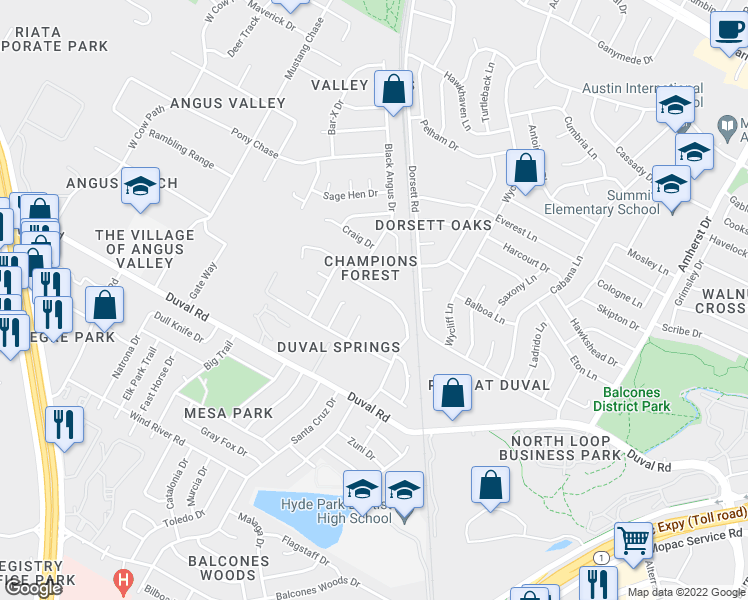 map of restaurants, bars, coffee shops, grocery stores, and more near 4603 Whispering Valley Drive in Austin