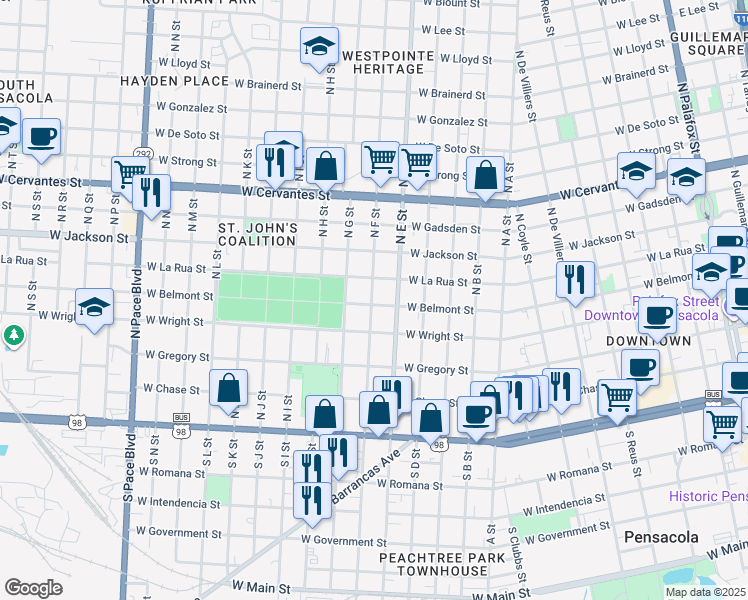 map of restaurants, bars, coffee shops, grocery stores, and more near 1113 West La Rua Street in Pensacola