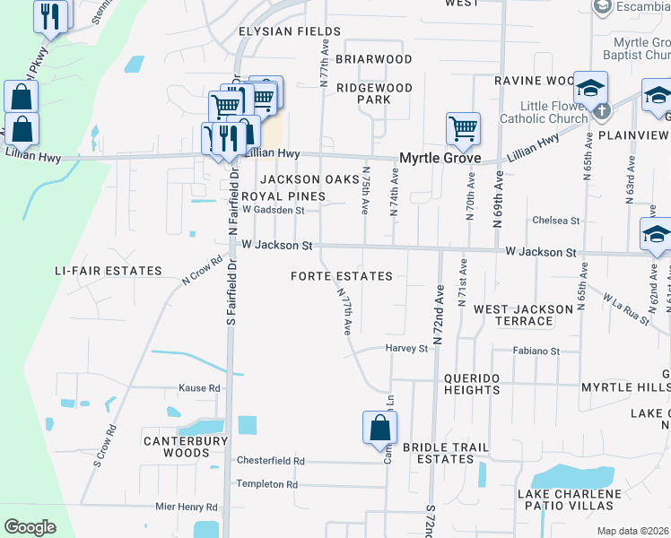map of restaurants, bars, coffee shops, grocery stores, and more near 7505 West Jackson Street in Pensacola