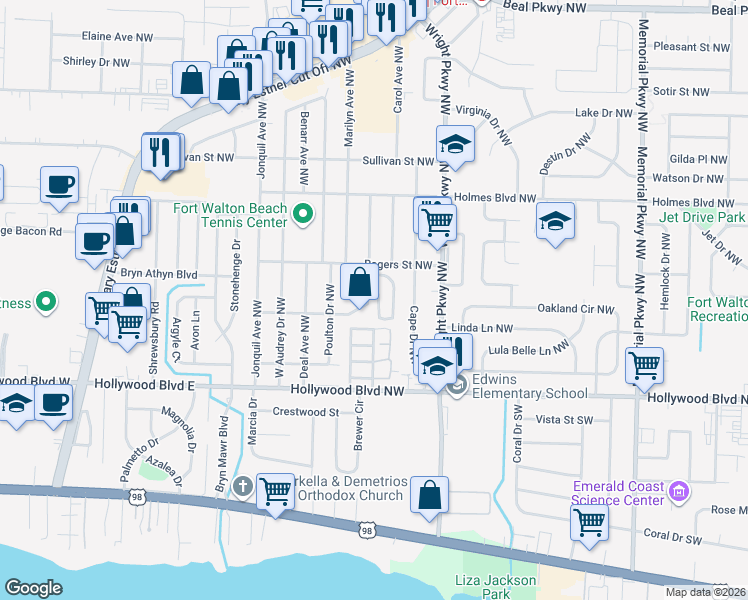 map of restaurants, bars, coffee shops, grocery stores, and more near 390 Canterbury Circle Northwest in Fort Walton Beach