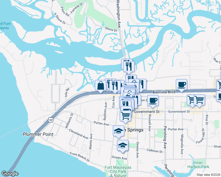 map of restaurants, bars, coffee shops, grocery stores, and more near 801 Cox Avenue in Ocean Springs