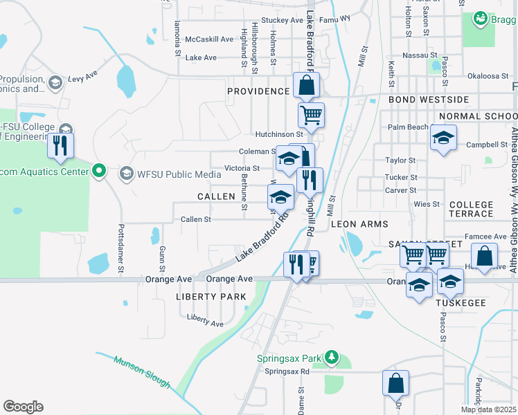 map of restaurants, bars, coffee shops, grocery stores, and more near 1312 Daniels Street in Tallahassee