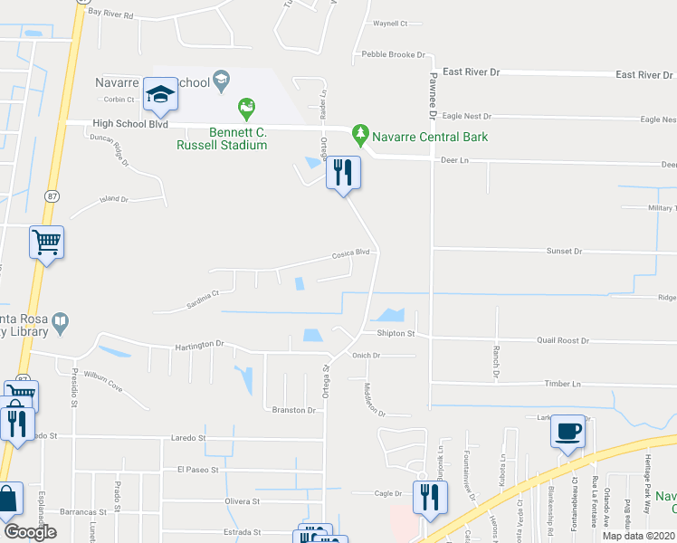 map of restaurants, bars, coffee shops, grocery stores, and more near 2199 Stratos Court in Navarre