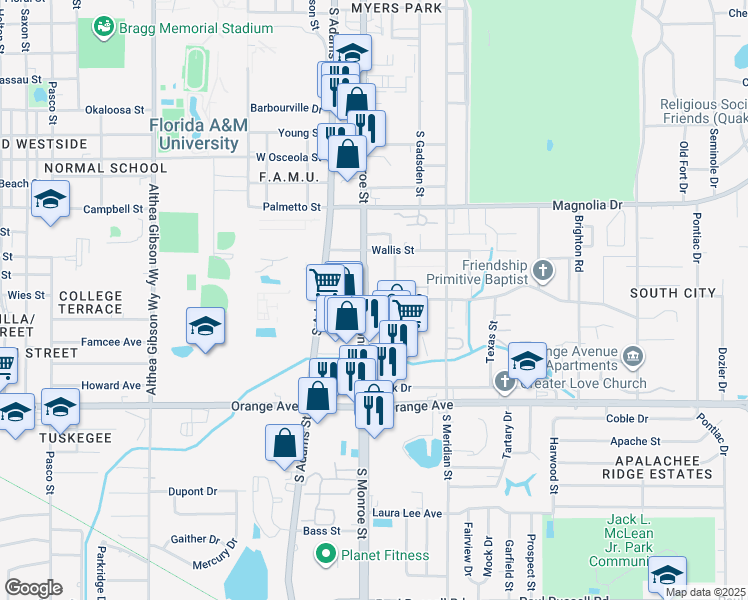 map of restaurants, bars, coffee shops, grocery stores, and more near 205 Putnam Drive in Tallahassee