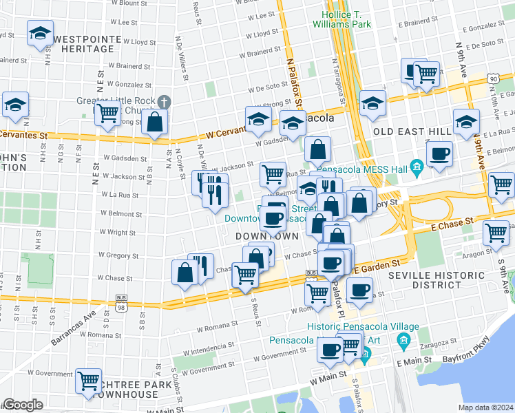 map of restaurants, bars, coffee shops, grocery stores, and more near 401 North Barcelona Street in Pensacola
