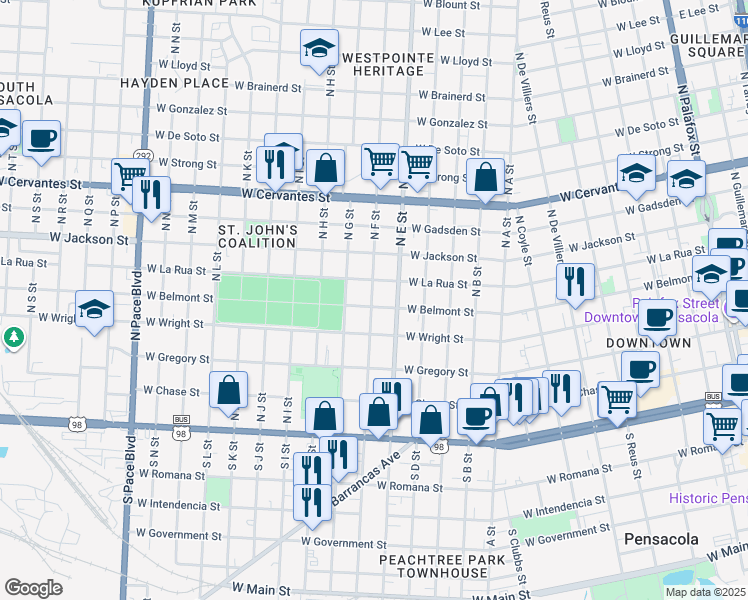 map of restaurants, bars, coffee shops, grocery stores, and more near 1113 West La Rua Street in Pensacola