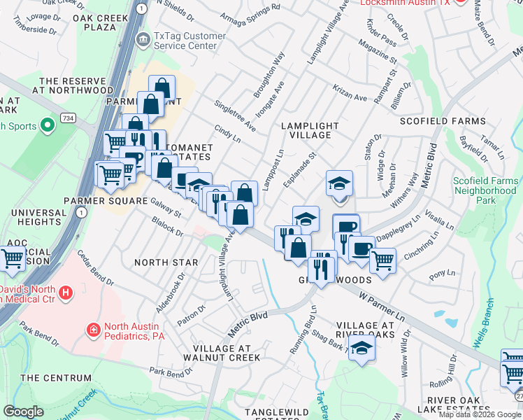map of restaurants, bars, coffee shops, grocery stores, and more near 12511 Lamplight Village Avenue in Austin
