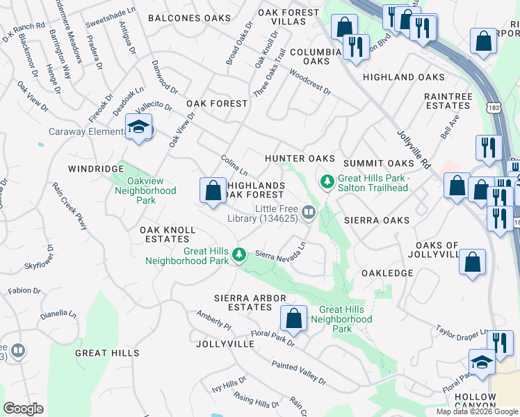 map of restaurants, bars, coffee shops, grocery stores, and more near 11111 Aerie Cove in Austin