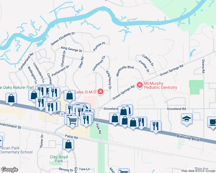 map of restaurants, bars, coffee shops, grocery stores, and more near 1218 King Henry Drive in Ocean Springs