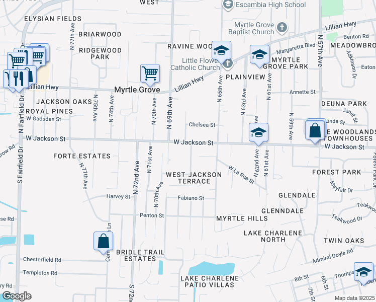 map of restaurants, bars, coffee shops, grocery stores, and more near 575 North 68th Avenue in Pensacola