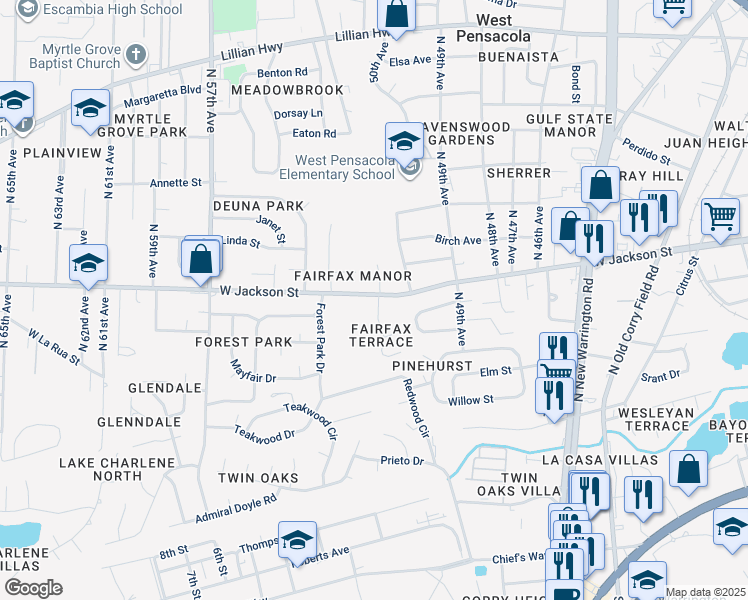 map of restaurants, bars, coffee shops, grocery stores, and more near 501 Edgewood Circle in Pensacola