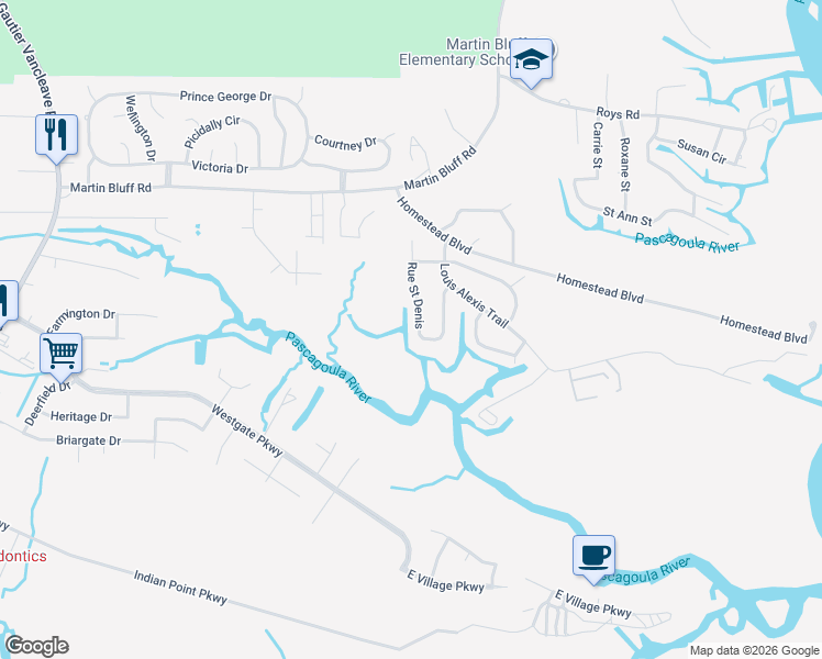map of restaurants, bars, coffee shops, grocery stores, and more near 5220 Rue Saint Denis in Gautier