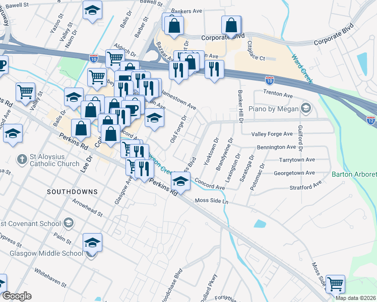map of restaurants, bars, coffee shops, grocery stores, and more near 3030 Congress Boulevard in Baton Rouge
