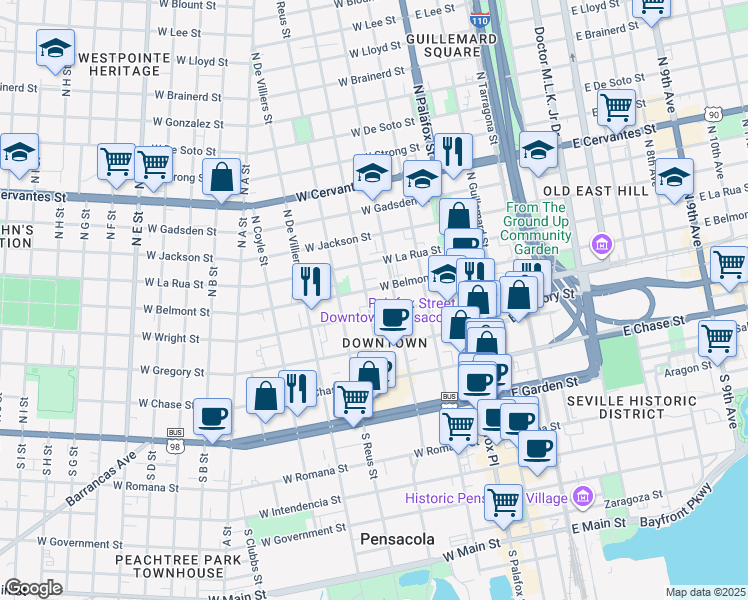 map of restaurants, bars, coffee shops, grocery stores, and more near 316 North Barcelona Street in Pensacola