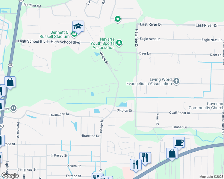 map of restaurants, bars, coffee shops, grocery stores, and more near 8263 Cosica Boulevard in Navarre
