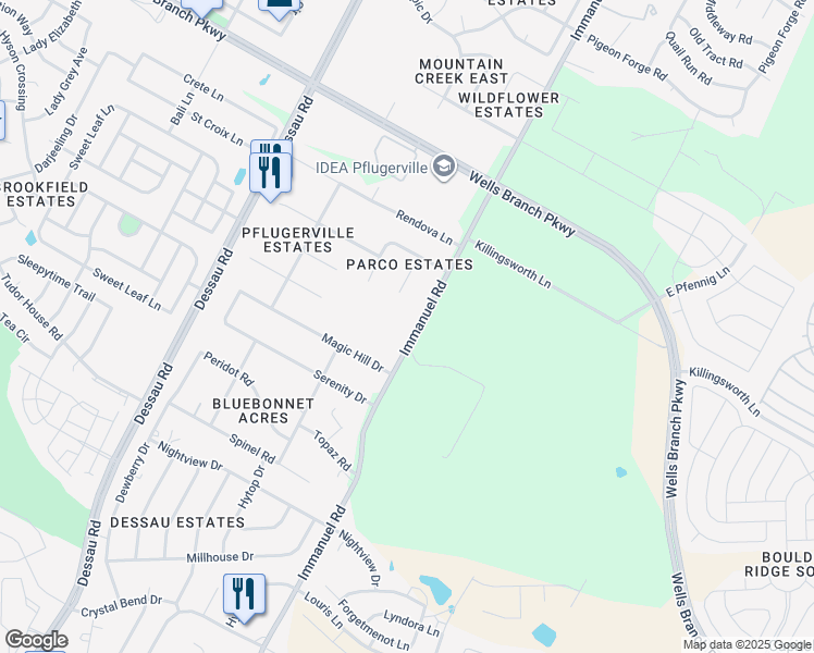 map of restaurants, bars, coffee shops, grocery stores, and more near 14801 Parco Path in Pflugerville