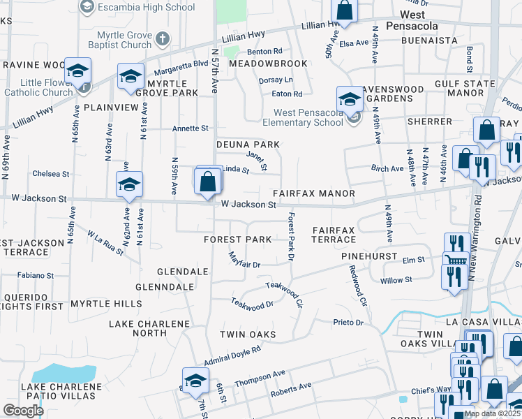 map of restaurants, bars, coffee shops, grocery stores, and more near 5511 Woodsman Court in Pensacola