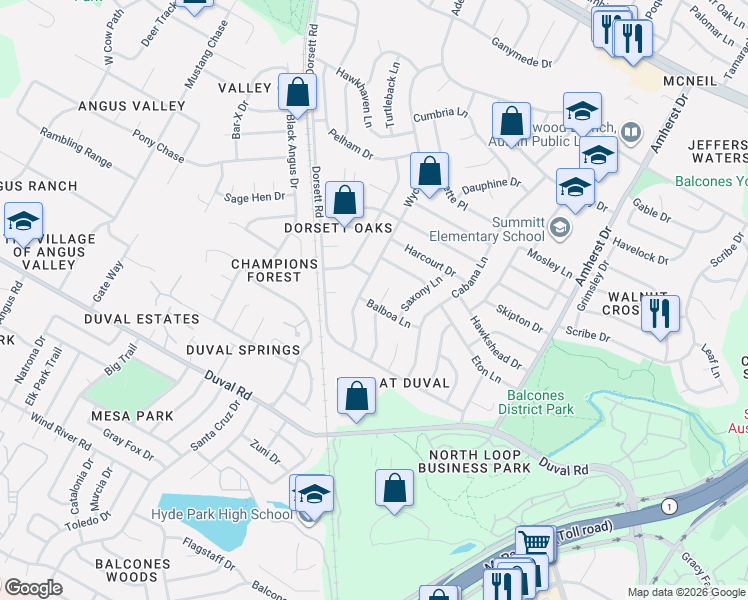 map of restaurants, bars, coffee shops, grocery stores, and more near 12101 Carmel Park Lane in Austin