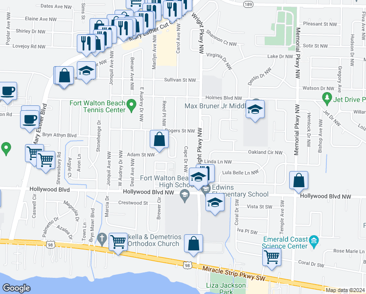 map of restaurants, bars, coffee shops, grocery stores, and more near 28 Cape Drive Northwest in Fort Walton Beach