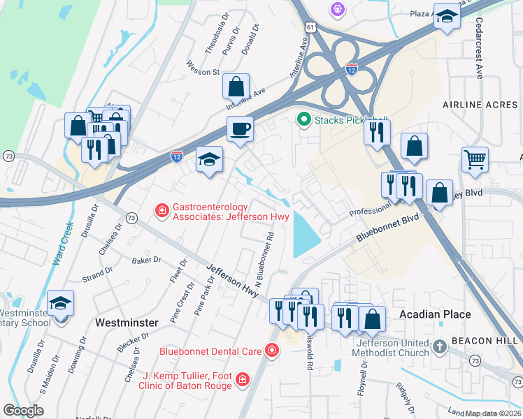 map of restaurants, bars, coffee shops, grocery stores, and more near 9229 Hilltrace Avenue in Baton Rouge