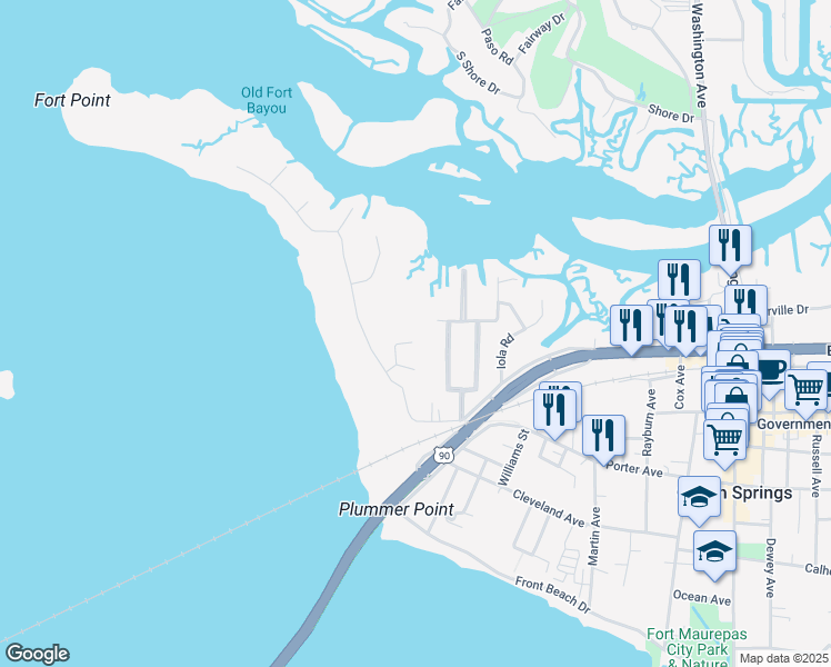 map of restaurants, bars, coffee shops, grocery stores, and more near 1105 Le Voyageur Drive in Ocean Springs