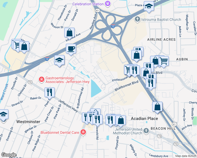 map of restaurants, bars, coffee shops, grocery stores, and more near 10302 West Winston Avenue in Baton Rouge