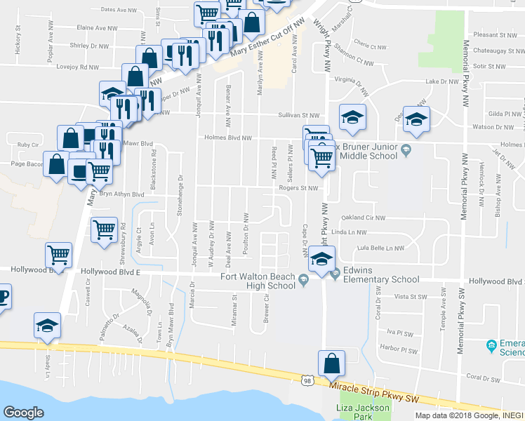 map of restaurants, bars, coffee shops, grocery stores, and more near 420 Canterbury Court Northwest in Fort Walton Beach