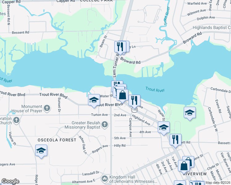 map of restaurants, bars, coffee shops, grocery stores, and more near 9881 Bayview Avenue in Jacksonville