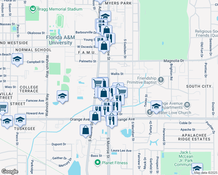 map of restaurants, bars, coffee shops, grocery stores, and more near 2411 South Monroe Street in Tallahassee