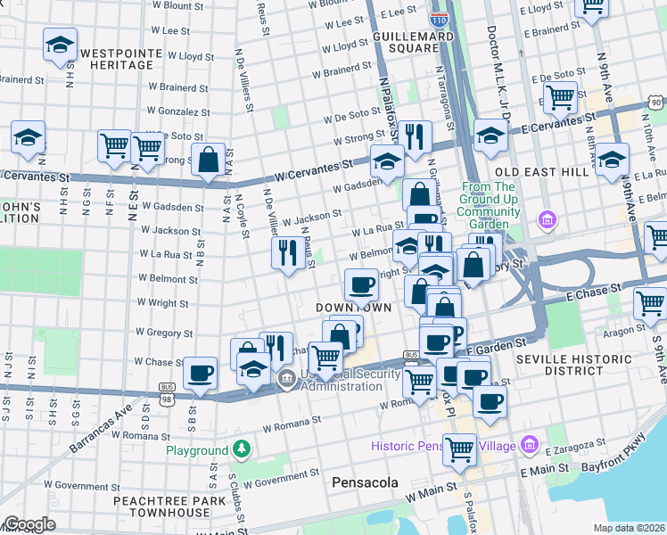 map of restaurants, bars, coffee shops, grocery stores, and more near 401 North Barcelona Street in Pensacola