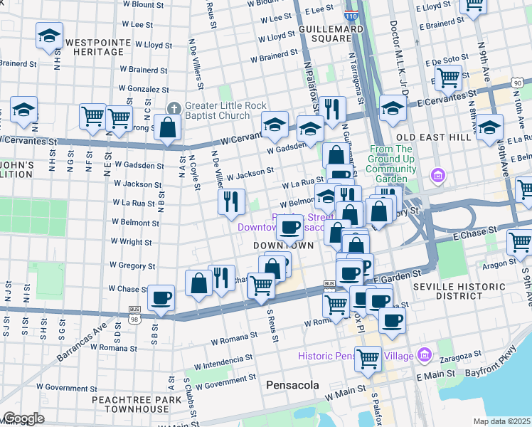map of restaurants, bars, coffee shops, grocery stores, and more near 401 North Barcelona Street in Pensacola