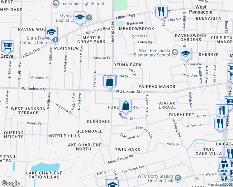 map of restaurants, bars, coffee shops, grocery stores, and more near 5600-5630 West Jackson Street in Pensacola