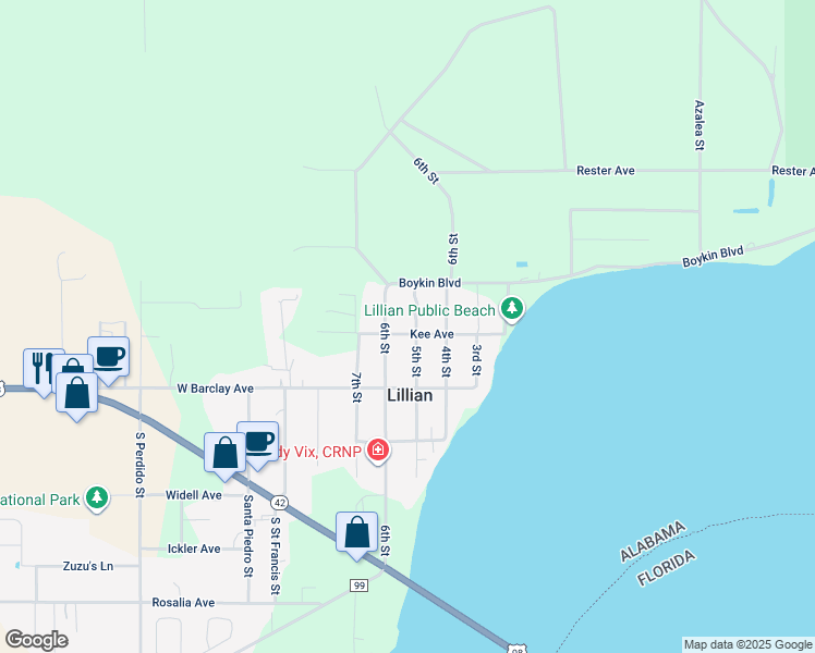 map of restaurants, bars, coffee shops, grocery stores, and more near 13166 6th Street in Lillian