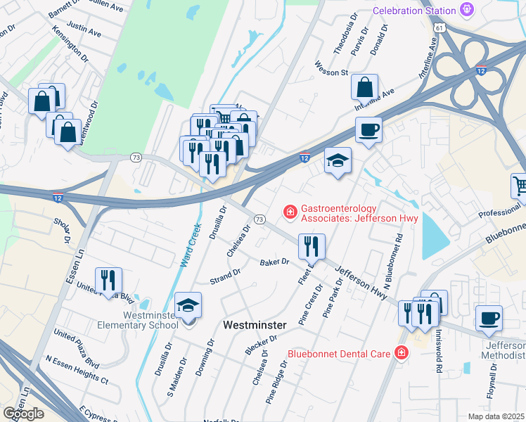 map of restaurants, bars, coffee shops, grocery stores, and more near 8939 Jefferson Highway in Baton Rouge