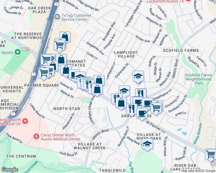 map of restaurants, bars, coffee shops, grocery stores, and more near 1909 Esplanade Street in Austin