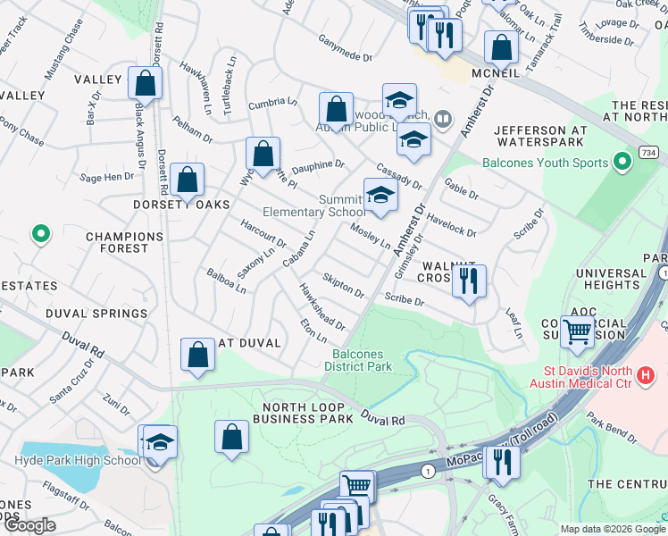 map of restaurants, bars, coffee shops, grocery stores, and more near 3911 Cologne Lane in Austin