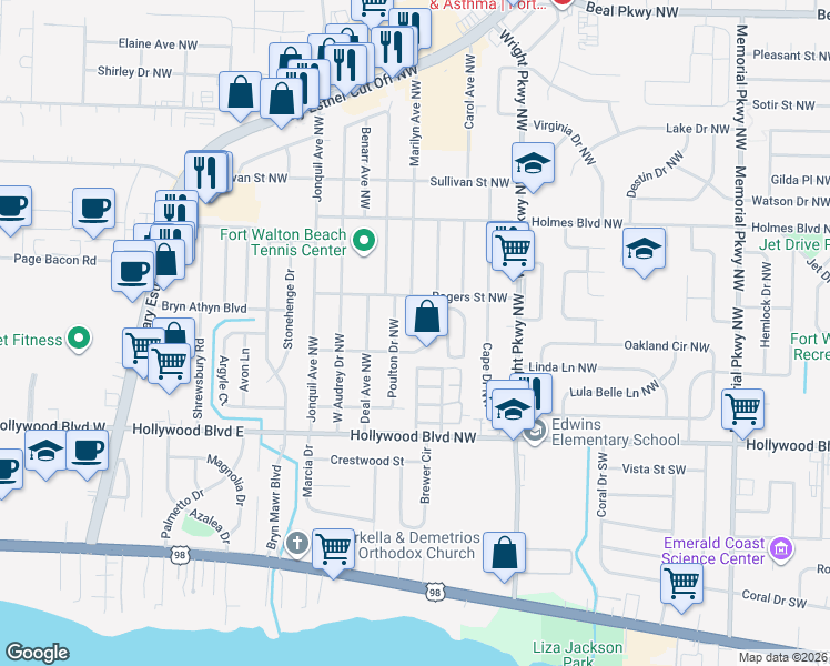 map of restaurants, bars, coffee shops, grocery stores, and more near 419 Canterbury Court Northwest in Fort Walton Beach