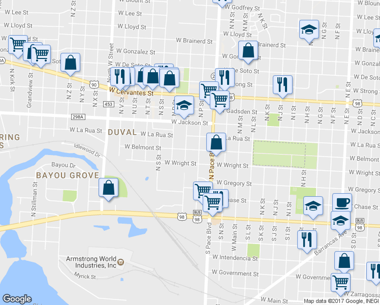 map of restaurants, bars, coffee shops, grocery stores, and more near 2209 West Belmont Street in Pensacola
