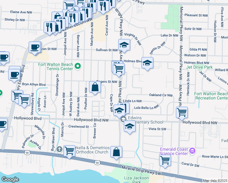 map of restaurants, bars, coffee shops, grocery stores, and more near 27 Cape Drive Northwest in Fort Walton Beach