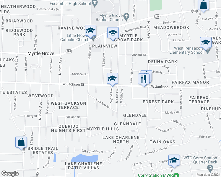 map of restaurants, bars, coffee shops, grocery stores, and more near 515 North 62nd Avenue in Pensacola