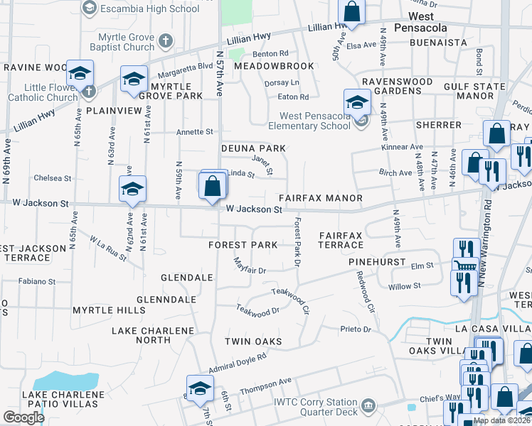 map of restaurants, bars, coffee shops, grocery stores, and more near 5517 West Jackson Street in Pensacola